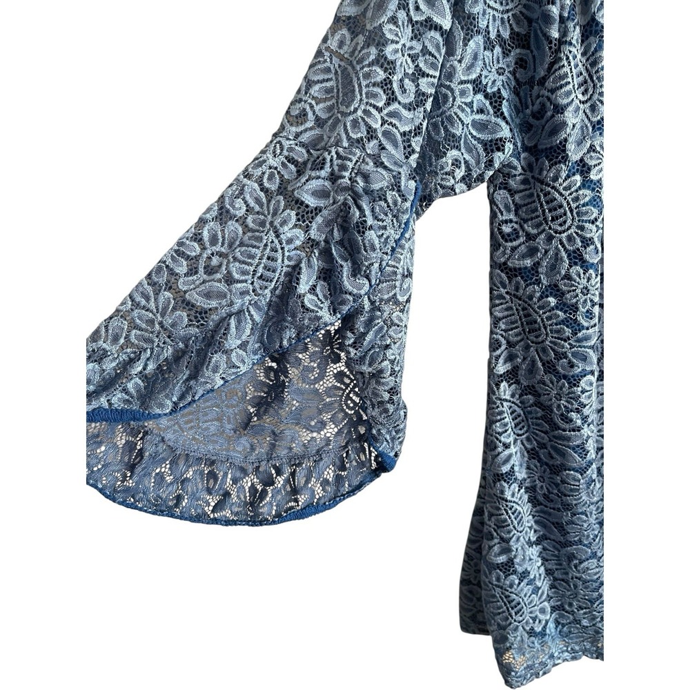 Lildy Women Sz XL Full Lace Tunic Blue Floral 3/4 Bell Sleeve Lined Blouse boho - Picture 4 of 7